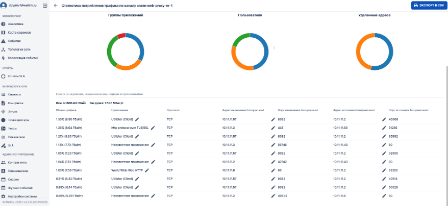 Статистика потребления трафика NetFlow по каналу связи в wiSLA
